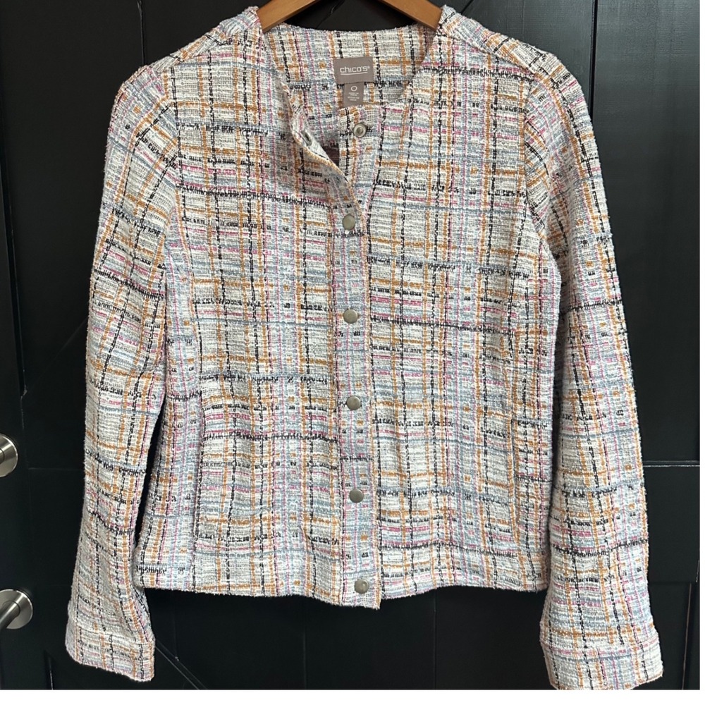 Chicos Plaid Tweed Jacket Pastel Snap Front Size 0 Small Spring Lightweight‎